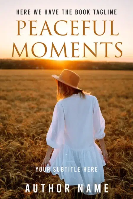 A premade book cover featuring a woman in a white dress and hat walking through a golden wheat field at sunset, symbolizing tranquility and reflection.