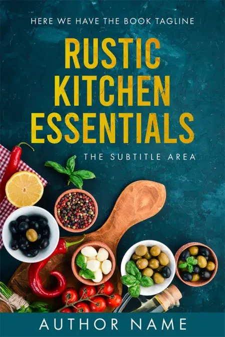 A premade book cover featuring a vibrant assortment of rustic kitchen ingredients, including olives, cherry tomatoes, spices, and herbs, set on a dark textured background.