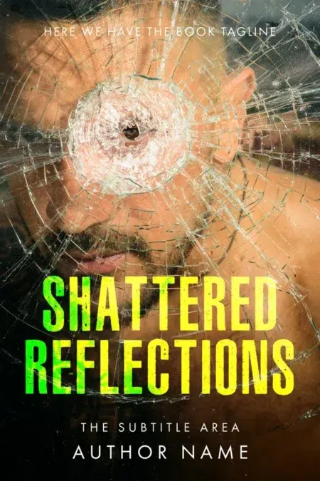 A premade book cover featuring a man’s face seen through a cracked mirror with a bullet hole, symbolizing brokenness and mystery.