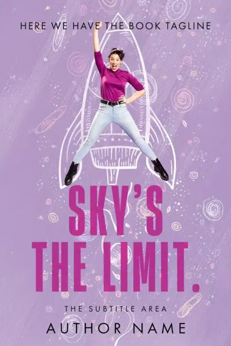 A premade book cover featuring an enthusiastic woman jumping in front of a rocket illustration, set against a playful purple background.