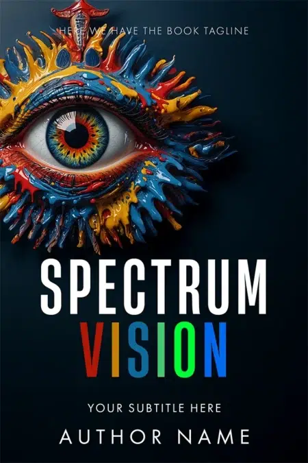 A premade book cover featuring a vividly painted eye with colorful splashes radiating outward, symbolizing creativity and perception.