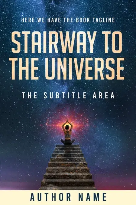 A premade book cover featuring a woman meditating at the top of a stone staircase under a vibrant, star-filled galaxy.