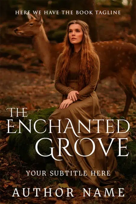 A premade book cover featuring a woman in an elegant gown seated in a mystical forest, with a deer standing nearby, surrounded by warm, earthy tones.