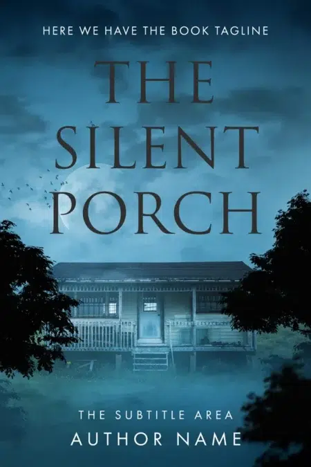 A premade eerie mystery book cover featuring a desolate porch on a foggy night, surrounded by shadows.