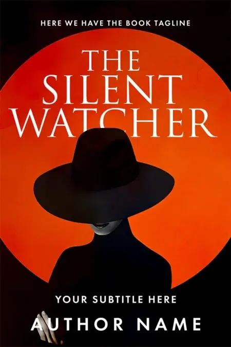 A premade book cover featuring a shadowy figure in a wide-brimmed hat and dark attire, set against a bold red-orange circle, evoking intrigue and suspense.