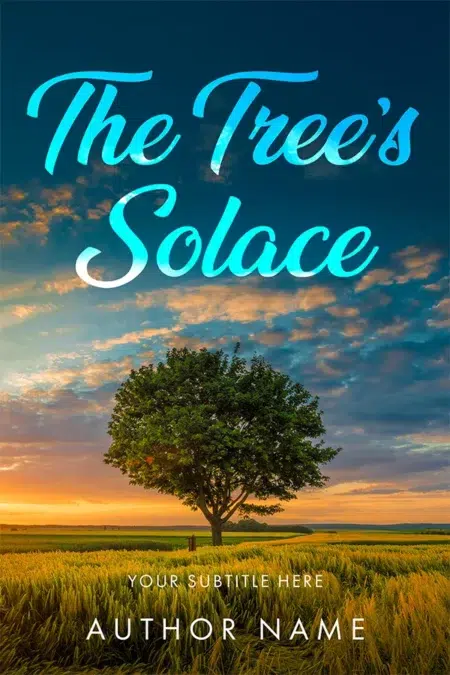 A premade serene nature book cover featuring a solitary tree in a peaceful field at sunset.