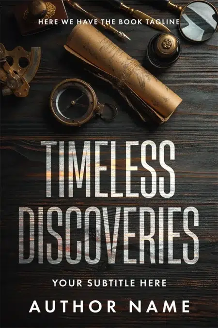 A premade book cover featuring a rustic collection of exploration tools, including a compass, rolled map, and vintage accessories, set against a dark wooden background.