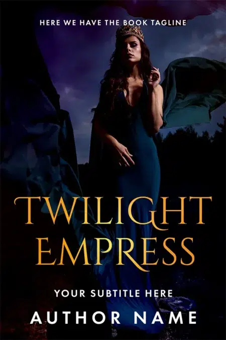 A regal premade book cover featuring a powerful woman wearing a golden crown and a flowing gown, standing against a twilight sky backdrop.