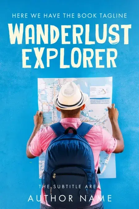 Travel-themed book cover design featuring a backpacker in a pink shirt holding a map against a vibrant blue background.