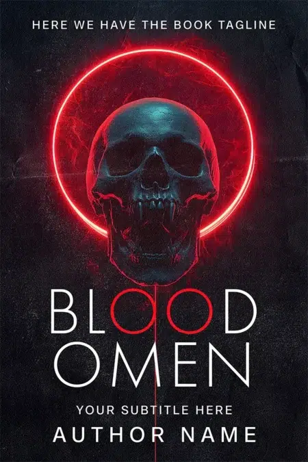 A dark horror book cover featuring a menacing skull with a glowing red halo, set against a textured black background, evoking an eerie and ominous atmosphere.