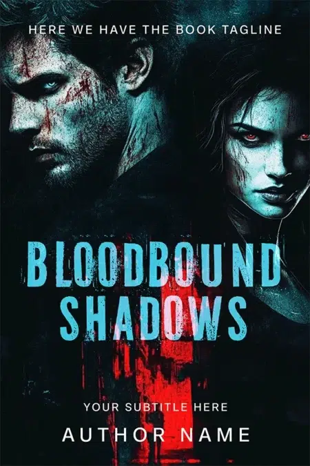 A dark fantasy book cover featuring a blood-streaked man and a glowing-eyed woman, set against a shadowy, eerie background with splashes of red.