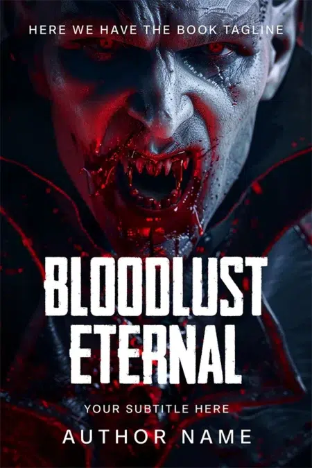 A terrifying vampire book cover featuring a blood-drenched, fanged vampire with glowing red eyes, set in a dark, gothic atmosphere.