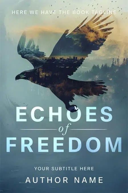 A symbolic book cover featuring a majestic eagle in flight, with a double exposure effect revealing a landscape within its wings, evoking themes of freedom and destiny.