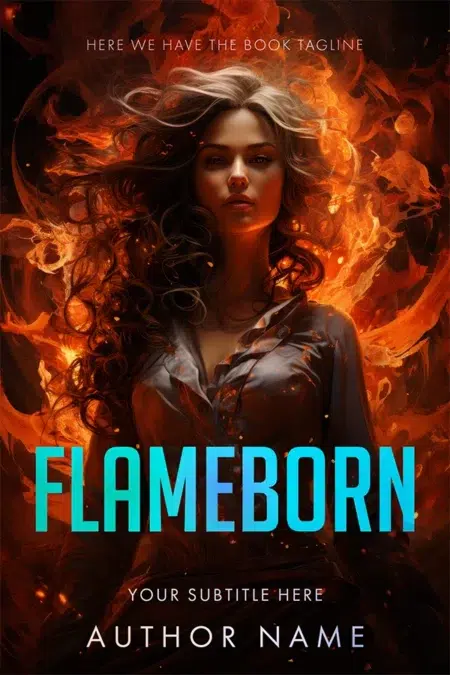 A fierce woman with flowing hair stands surrounded by flames, exuding strength and power. The title "Flameborn" is displayed in bold blue text against the fiery background.