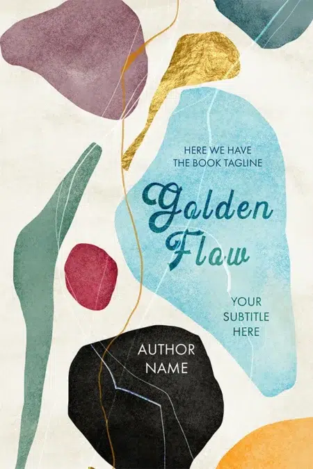 An abstract book cover design featuring organic shapes in muted tones of blue, green, pink, black, and gold, with the title "Golden Flow" in an elegant script font.