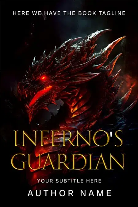 A fierce fantasy book cover featuring a fire-breathing dragon with glowing red eyes and molten scales, set against a dark, smoky background.