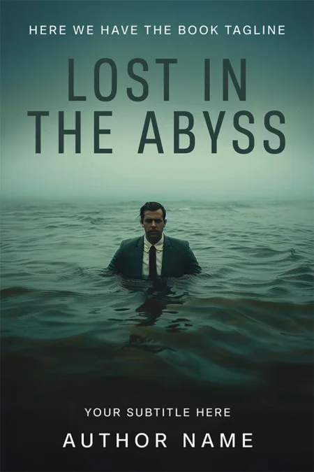 A dramatic book cover featuring a man in a suit standing waist-deep in dark water, surrounded by a misty, ominous atmosphere, evoking themes of mystery and struggle.