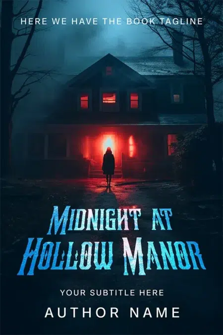 A chilling horror book cover featuring a lone figure approaching a dark, eerie manor with glowing red windows, surrounded by fog and shadows.