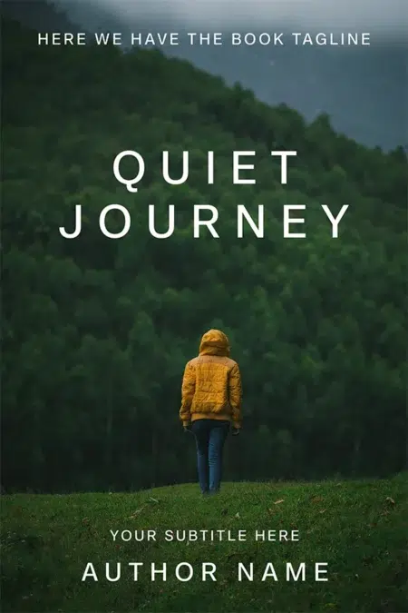 A person wearing a yellow jacket stands on a grassy hill, facing a dense forest under a moody sky. The title "Quiet Journey" is written in minimalist white text.