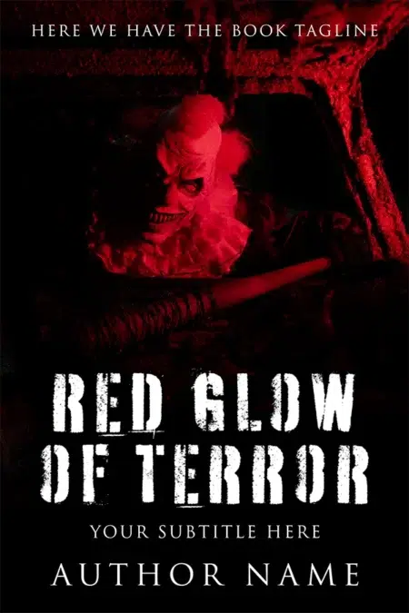 A sinister clown with a menacing grin is illuminated by an eerie red glow inside a shattered vehicle. The title "Red Glow of Terror" is displayed in distressed white text on a black background.