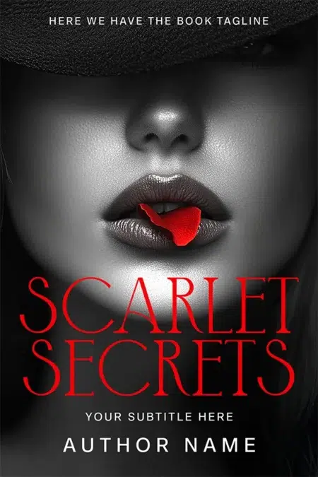 A sensual book cover featuring a black-and-white close-up of a woman's lips holding a red rose petal, evoking mystery, romance, and intrigue.