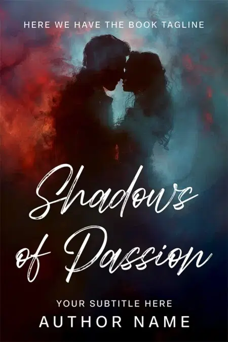 Romantic book cover featuring a silhouetted couple about to kiss, surrounded by red and blue smoky effects.