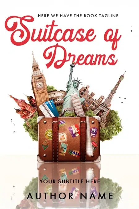 A vintage suitcase covered in travel stickers sits in front of famous landmarks, including Big Ben, the Statue of Liberty, the Eiffel Tower, and the Colosseum. The title "Suitcase of Dreams" is written in bold red script.