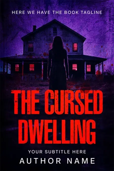 Horror book cover featuring a shadowy figure standing in front of an eerie, abandoned house with a blood-red glow.