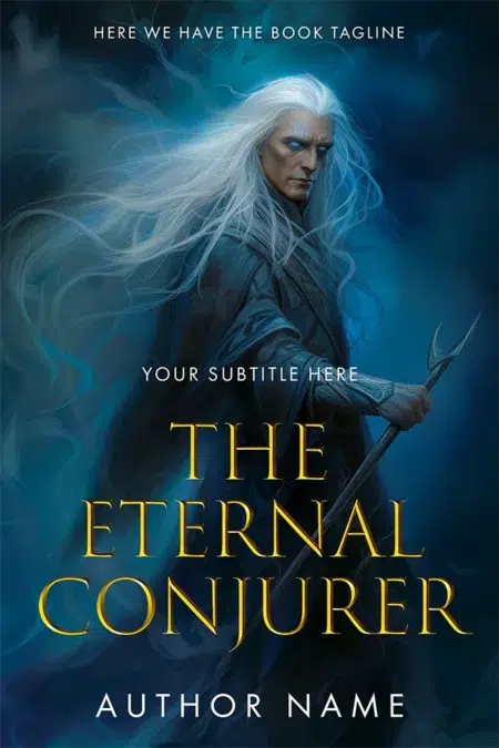 Epic fantasy book cover design featuring a powerful silver-haired sorcerer holding a staff, surrounded by swirling magical energy in a moody blue background.