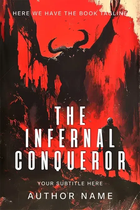 The Infernal Conqueror premade book cover design featuring a dark, menacing figure with horns against a fiery red and black background.