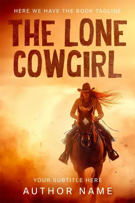 The Lone Cowgirl premade book cover design featuring a fierce female cowboy riding a horse through a dusty Western landscape.