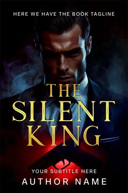 The Silent King premade book cover design featuring a mysterious man in a suit with a gun, exuding power and danger.