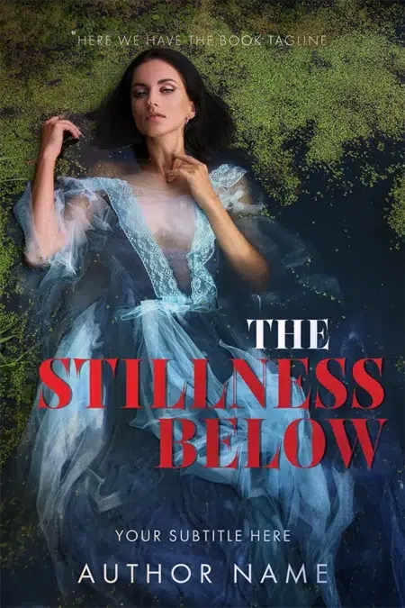 Ethereal book cover design featuring a woman in a flowing blue gown lying serenely on a surface surrounded by water plants, evoking mystery and drama.