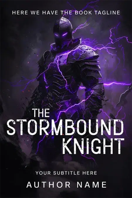 The Stormbound Knight premade book cover design featuring a powerful armored warrior surrounded by crackling purple lightning.