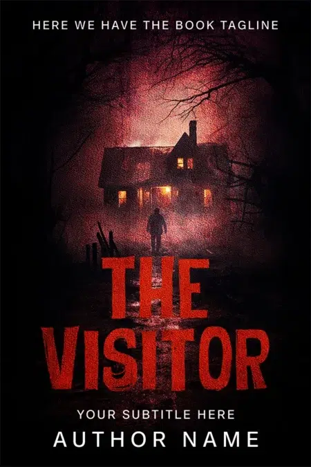 The Visitor premade book cover design featuring a shadowy figure approaching a dark, eerie house in a foggy red-lit atmosphere.