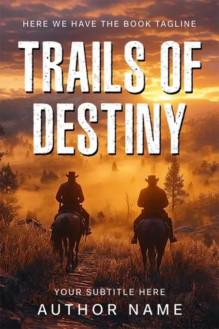 Trails of Destiny premade book cover design featuring two cowboys riding through a golden Western landscape at sunset.