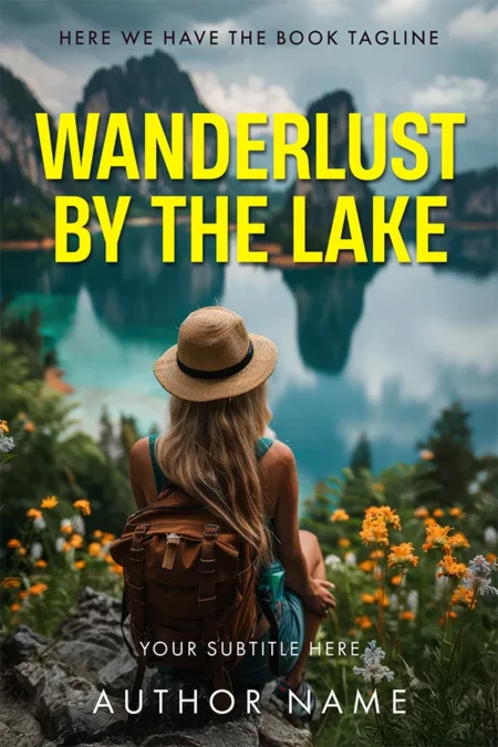 A woman with long blonde hair wearing a straw hat and a backpack sits on a rock surrounded by wildflowers, overlooking a serene lake and distant mountains. The title "Wanderlust by the Lake" is written in bold yellow text.