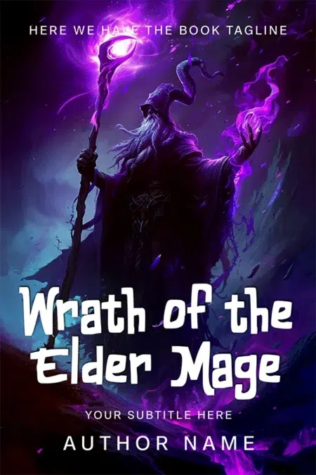 Wrath of the Elder Mage premade book cover design featuring a powerful, hooded sorcerer wielding dark purple magic.