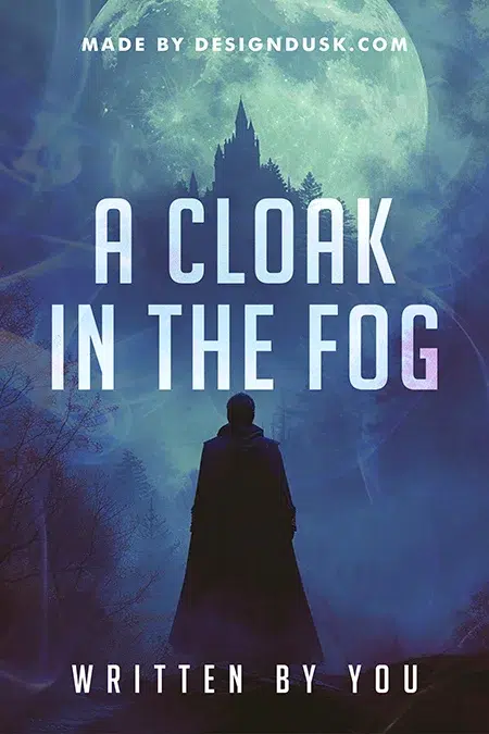 Mystery fantasy book cover design featuring a cloaked figure in a foggy forest under a glowing full moon with a distant castle silhouette