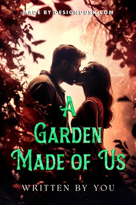 Romantic book cover design featuring a couple about to kiss in a dreamy, sunlit garden with warm tones and lush foliage
