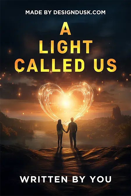 Romantic fantasy premade book cover featuring a couple holding hands with a glowing heart-shaped light between them at sunset