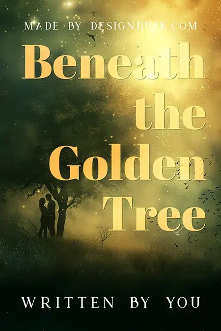Silhouetted couple embracing under a glowing golden tree in a romantic and magical premade book cover design