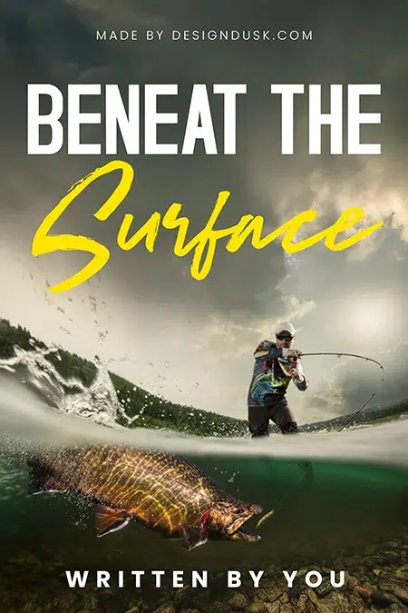Man fishing in dramatic waters with a large fish visible beneath the surface, action-filled premade book cover design