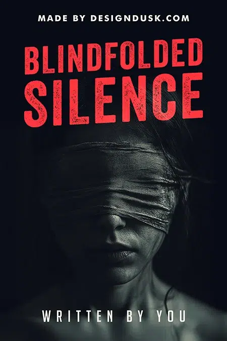 Dark thriller book cover design featuring a woman with her eyes and mouth blindfolded in shadow, conveying mystery and tension