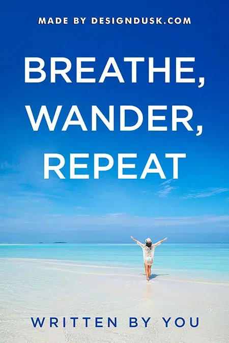 Inspirational travel book cover design featuring a woman with open arms walking on a tropical beach under a clear blue sky