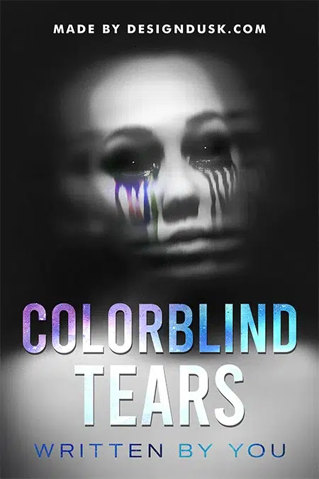 Emotional book cover design featuring a blurred grayscale face with colorful tears streaming down, symbolizing sorrow and inner conflict