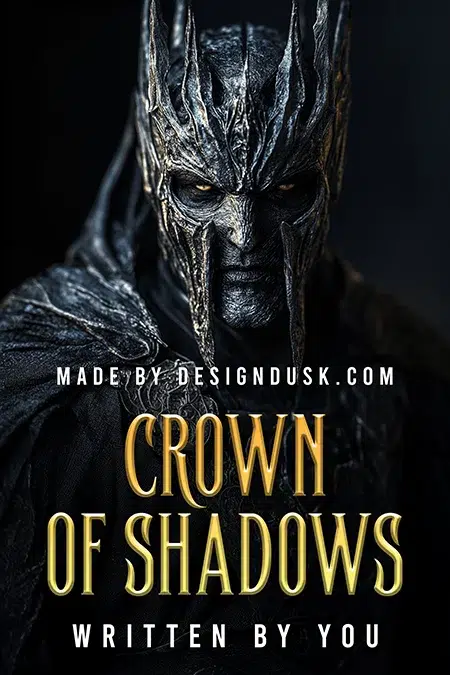 Dark fantasy premade book cover design featuring a sinister armored king with a shadowy crown and glowing eyes, titled Crown of Shadows