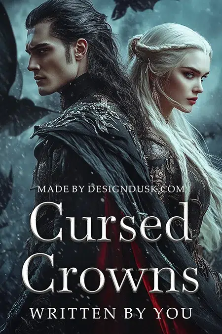 Dark fantasy couple standing back to back in ornate armor with ravens flying, epic fantasy premade book cover design