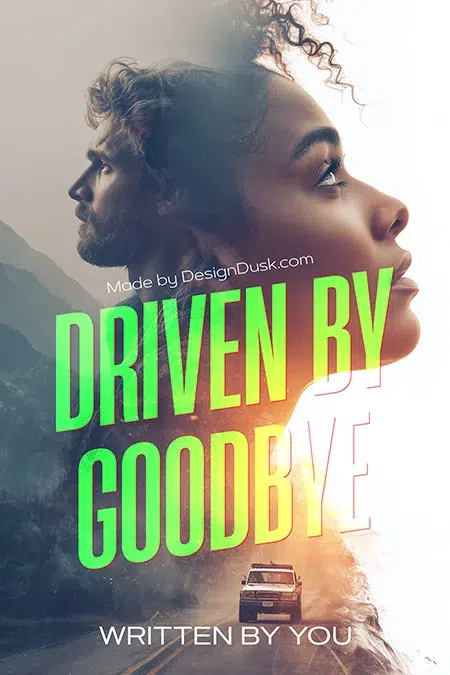 Premade book cover design with a double exposure of a man and woman’s profiles overlaid on a scenic road and mountain landscape, titled Driven by Goodbye