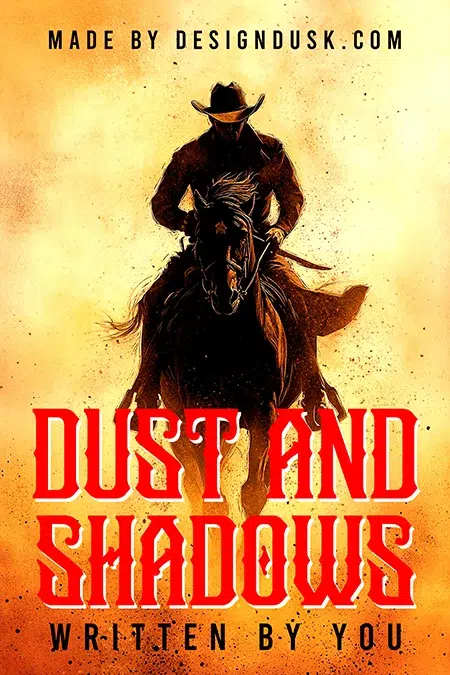 Silhouetted cowboy on horseback emerging through dust and fire in a bold Western premade book cover design